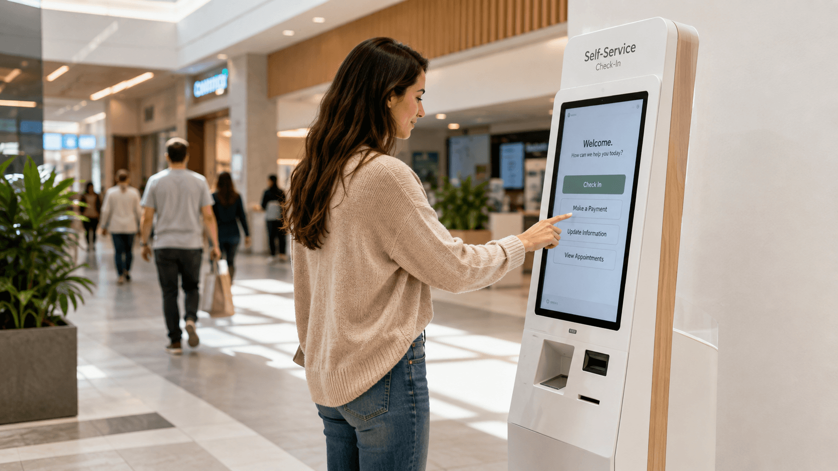 Someone checking in at a walk-up self-service kiosk in a mall