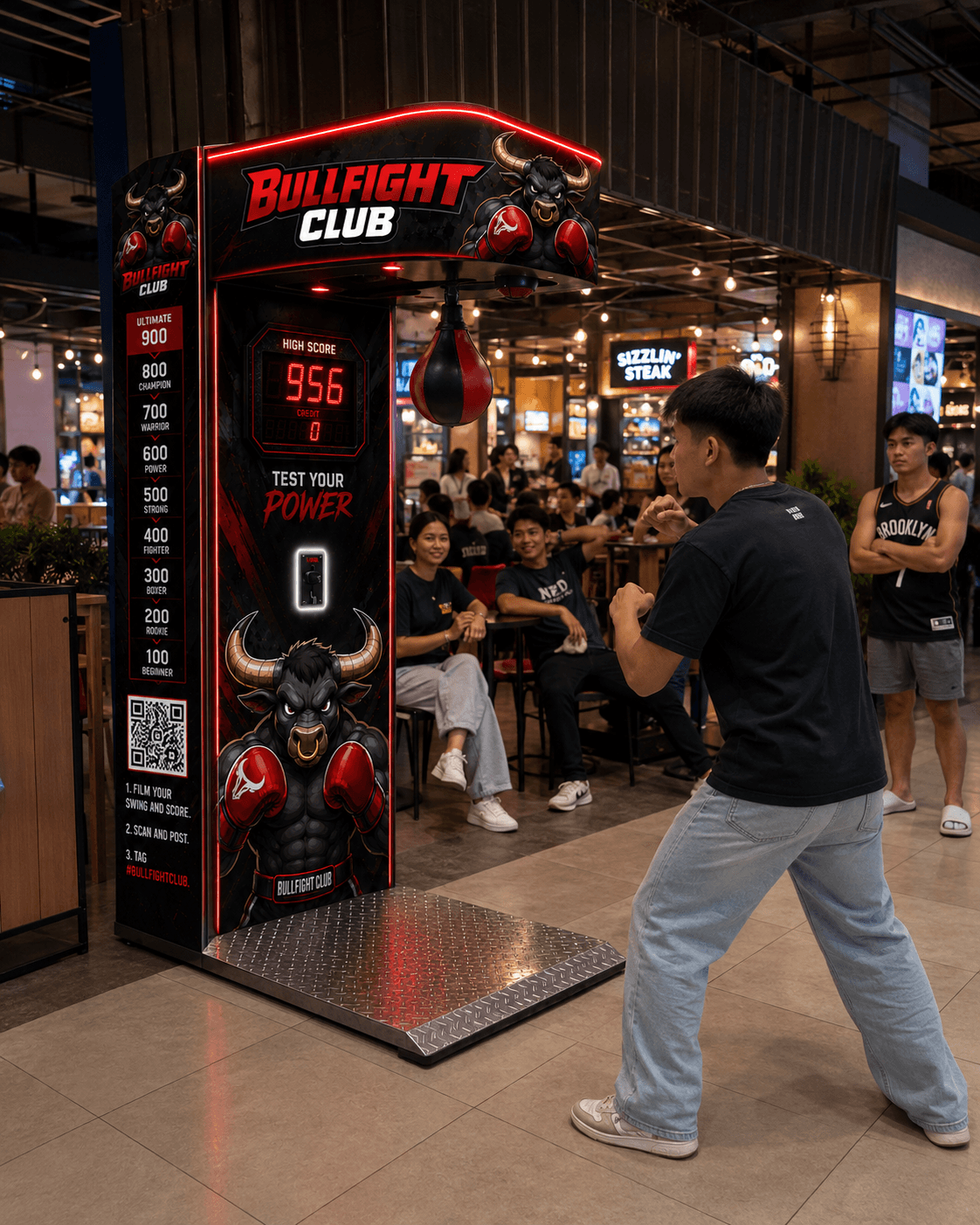 Someone squaring up to the Bullfight Club machine in a mall