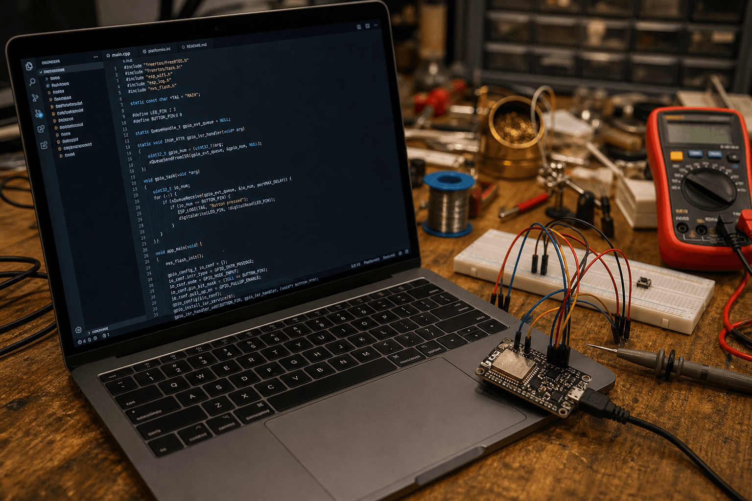 Laptop showing firmware code next to a wired-up dev board on the bench